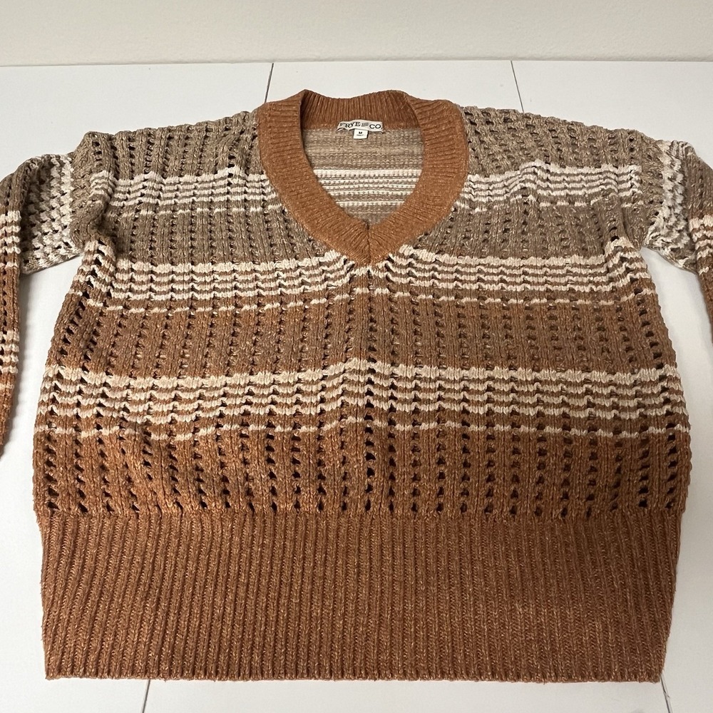 Frye & Co Women's Chunky Crochet Open Knit Sweater Rust/Tan Size Medium